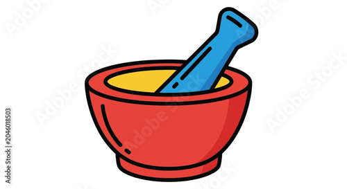 Red mortar and blue pestle with yellow substance vector illustration