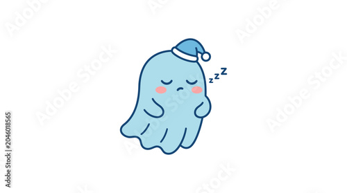 Tableau sur toile Cute blue sleeping ghost wearing a nightcap illustration.