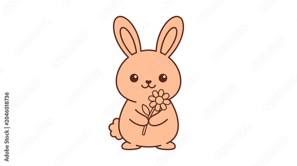 Obraz premium Cute orange rabbit holding a small flower cartoon.