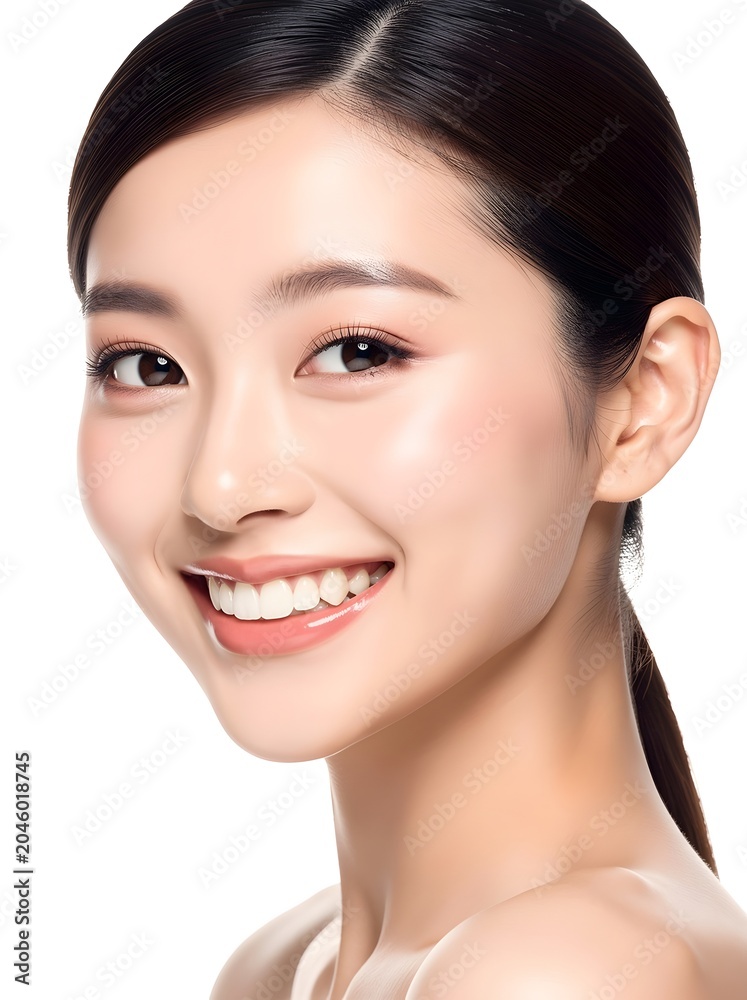 Obraz premium Girl smiling with radiant skin and natural makeup looks directly into the camera with a cheerful expression.