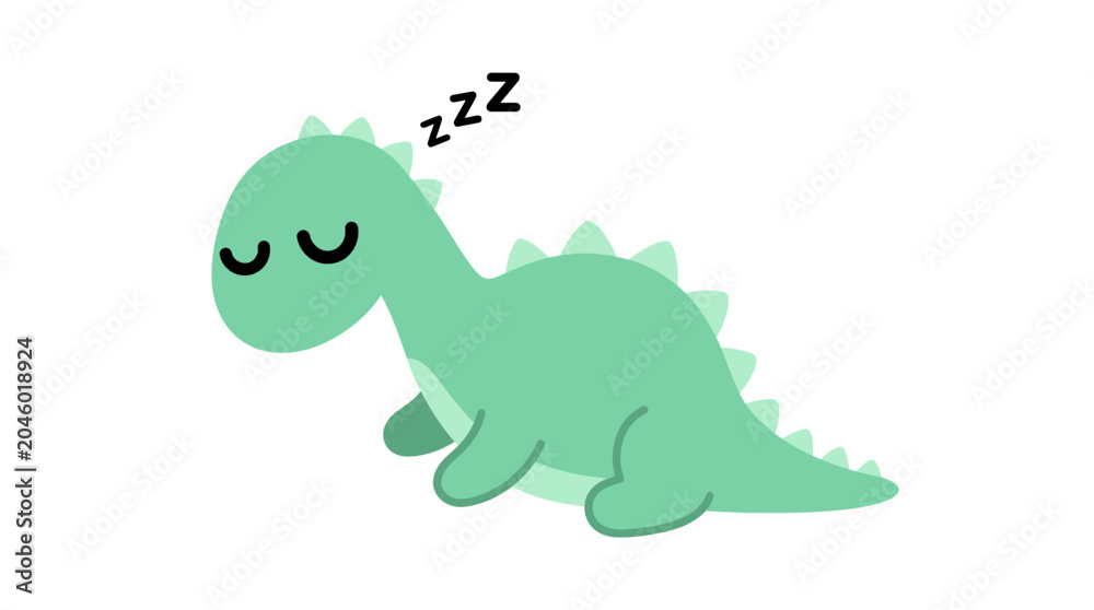 Fototapeta premium Cute sleeping green dinosaur cartoon illustration on white background.