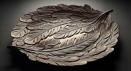 Beautiful pile of soft bird feathers arranged in a decorative pattern with a dark and moody artistic background. mythic serving dishes