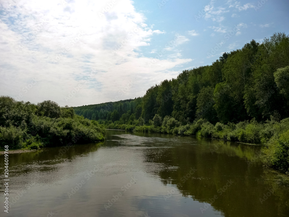 Obraz premium Serene river flowing through lush green forest landscape under blue sky 