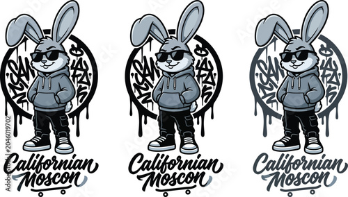 Boost your streetwear brand! Cool urban graffiti bunny vector with sunglasses & hoodie. Perfect for trendy t-shirts, skate wear & logos. Buy now!
