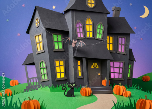 Cute 3d  cartoon haunted mansion with glowing purple windows black cat pumpkins and moon on dark blue night sky for Halloween [copy space]