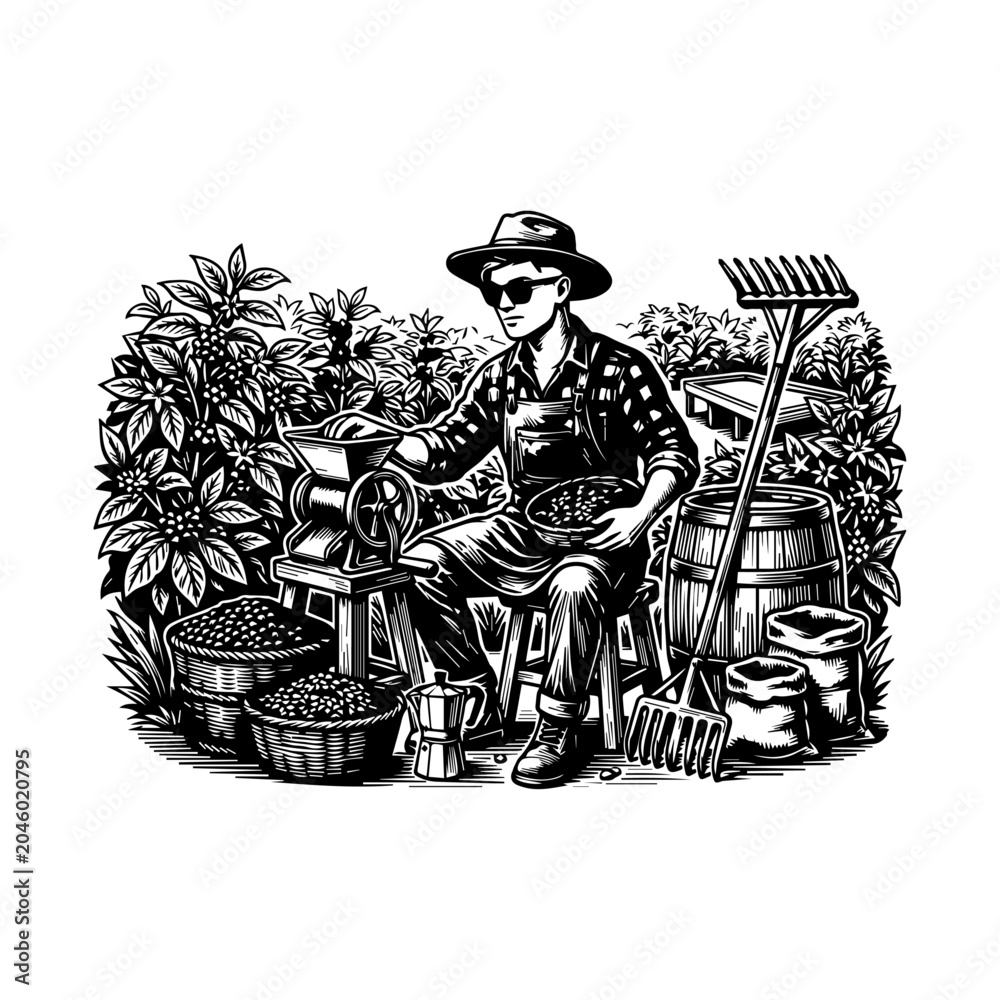 Fototapeta premium Vintage Coffee Farmer Processing Beans with Manual Grinder and Barrel - Retro Black and White Agriculture Vector Illustration