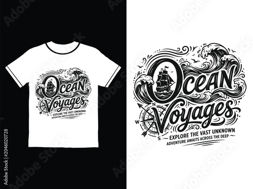 Ocean Voyages Tshirt design with ship wave compass graphic  explore the vast unknown