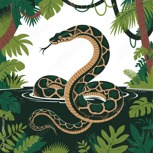 Konstfotografi Isolated on Giant anaconda swimming in water with dense jungle vector art on whi