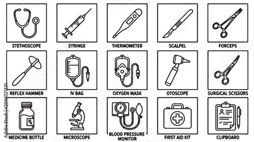 Tableau sur toile Medical icons, healthcare symbols, doctor tools, 16 medicine illustrations