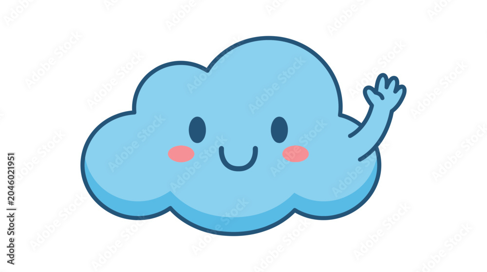 Naklejka premium Happy blue waving cloud character with rosy cheeks.