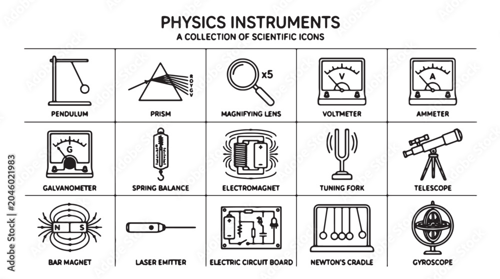 Fototapeta premium Physics instruments, scientific icons, educational tools, laboratory equipment