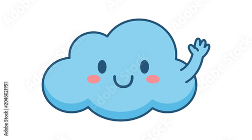 Photos Happy blue waving cloud character with rosy cheeks.