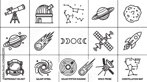 Obraz na płótnie Space icons, astronomy symbols, 16 black and white vector graphics, celestial bo