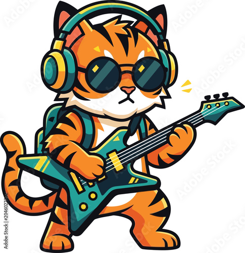 Rock your print-on-demand sales with this bold guitar-playing cat vector! With shades & headphones, this trendy music mascot is perfect for streetwear tees.