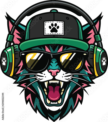 Supercharge your merch with this edgy DJ cat vector! Featuring a snapback, shades & headphones, this bold streetwear design is perfect for tees & posters.
