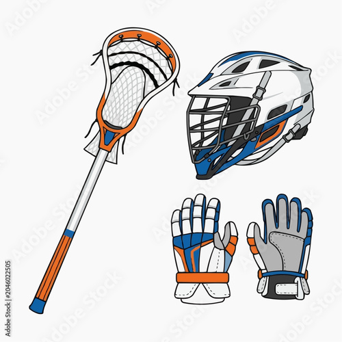 A vector graphic illustration of lacrosse equipment including a stick helmet and gloves