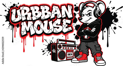Unleash street style with this edgy Urban Mouse vector! Featuring bold graffiti typography, a boombox, & a hip-hop vibe, it's perfect for streetwear merch.