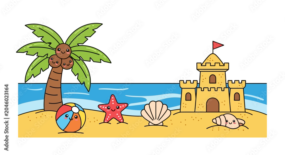 Obraz premium Beach Scene with Sandcastle, Palm Tree, and Sea Shells