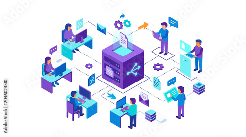 Foto Isometric team collaborating on cloud data network infrastructure