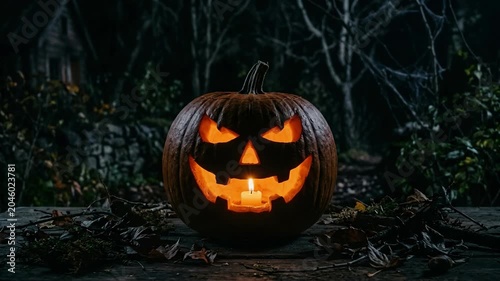 Spooky Jack-o-lantern glowing with candle light in a dark forest setting