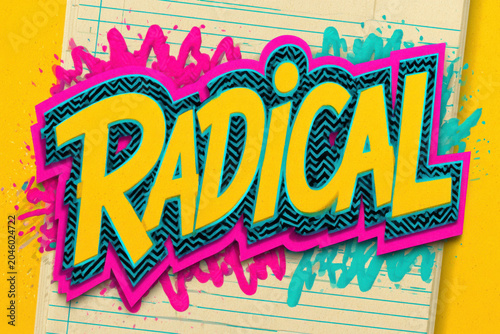 Radical Typography Art - Vibrant yellow font with 90s-style chevron patterns layered over neon pink spray splashes on an old lined notebook page backdrop