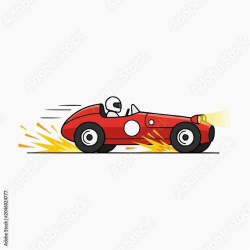 A cartoon illustration of a red sports car speeding with flames coming out of the back