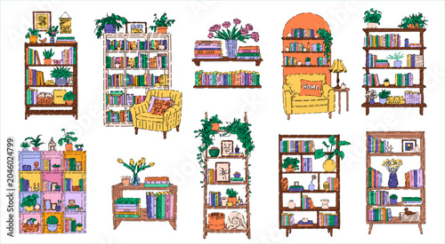 Obraz na płótnie Colorful Bookshelves with Plants Illustration Collection