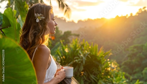 Woman in white dress holds mug, overlooking lush, green scenery with bright sun behind hills during sunset