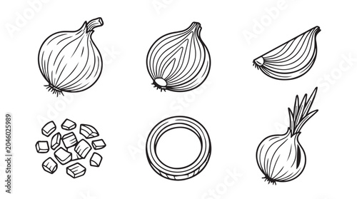 Detailed collection of onion slices and whole vegetables sketch with vegetable ingredient isolated monochrome culinary agriculture collection nutrition illustration elements botanical