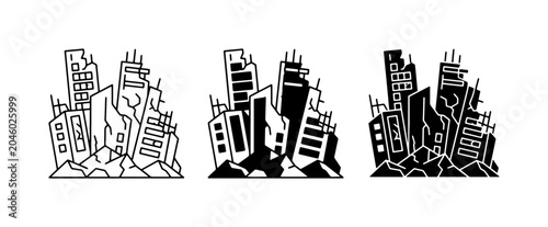 Foto Destroyed Cityscape Icons, Ruined Buildings, Urban Disaster Vector Art