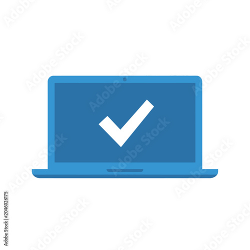 Flat blue laptop icon displaying a white checkmark