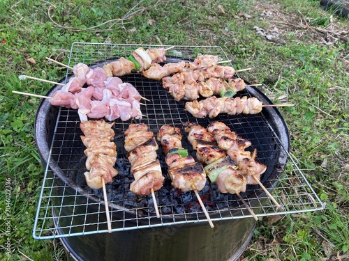 I'm grilling Japanese yakitori over a campfire.