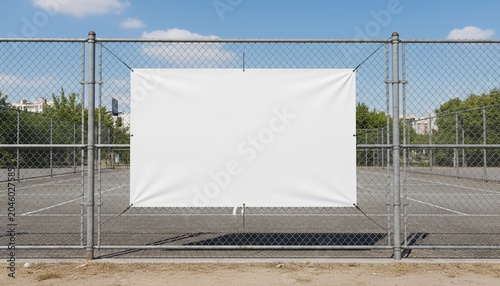 Blank vinyl banner mockup on a sports court fence