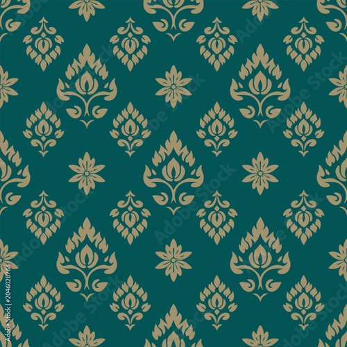 Traditional Thai floral seamless pattern on dark teal background. Vintage Lai Thai floral damask seamless background. 