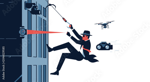 Schilderij op canvas Spy Climbing Building with Drone and Camera