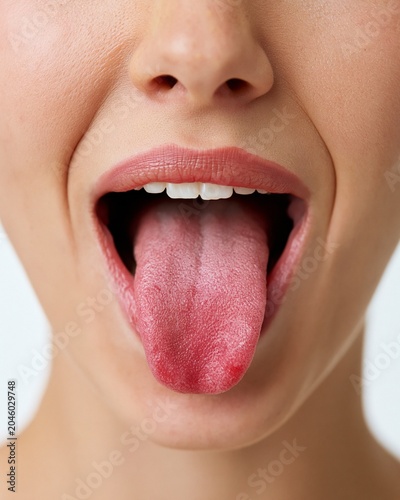 Medium shot of a frontfacing open mouth highlighting a red inflamed tongue with subtle glossitis soft studio lighting emphasizes natural skin texture against a white backdrop