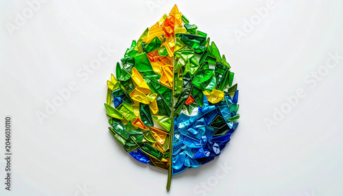 Environmental awareness design of a botanical leaf made from vibrant microplastic waste on clean backdrop