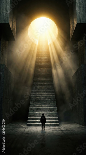 Tiny Silhouette Of A Person Standing Before A Giant Concrete Staircase Ascending Into Bright Golden Light