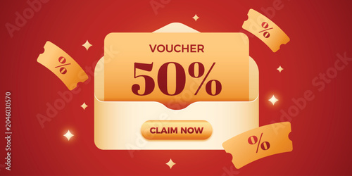 Foto 3d voucher from opening envelope in red background