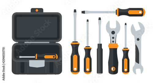 Billede på lærred Toolbox and Tools Set: Screwdrivers, Wrenches, Flatlay