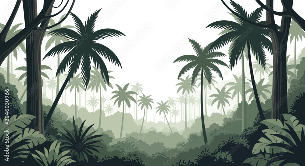 Fototapeta premium Tropical jungle landscape with palm trees and dense foliage