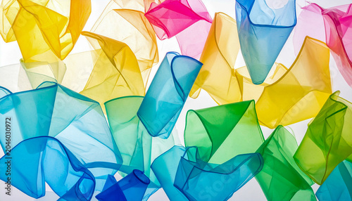 A gradient of colorful plastic fragments fading into the white background with an airy and clean composition