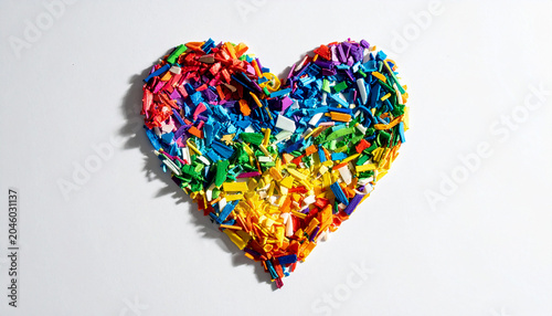 Vibrant microplastic fragments arranged in a perfect heart icon on clean bright surface