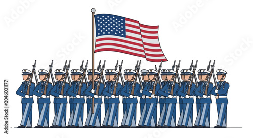 Tableau sur toile US Military Honor Guard Marching with American Flag