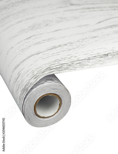 Roll of White and Gray Woodgrain Interior Film — Close-up Texture
