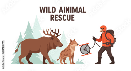 Tableau sur toile Wild Animal Rescue: Moose, Wolf, and Rescuer in Forest