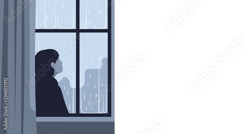 Schilderij op canvas Woman looking out window at rainy city, solitude, melancholy mood