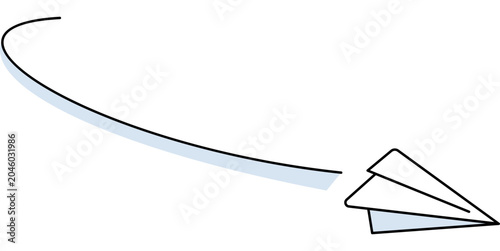 Paper plane flying along a curved path vector illustration. Business growth, travel startup, creative vision, message delivery, goal achievement, project launch. Origami aircraft gliding on an arc