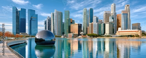 Modern Singapore skyline at Marina Bay waterfront with business district towers and reflective architecture