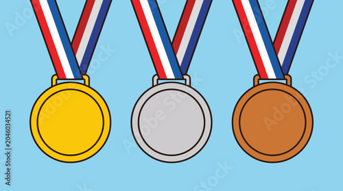 Foto Three medals with colorful ribbons hanging.